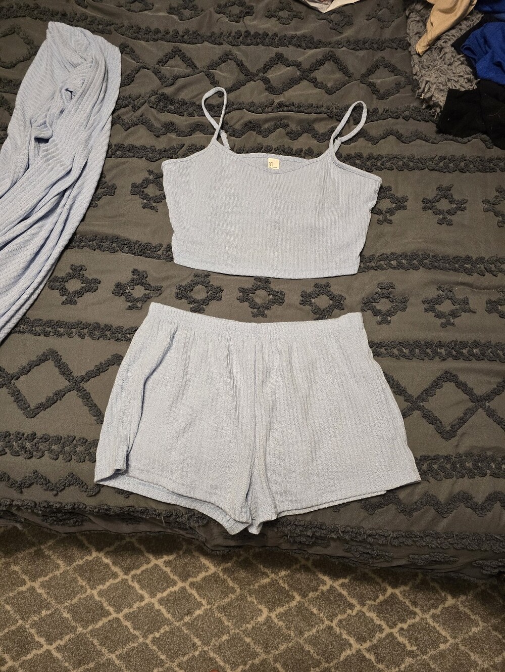3-Piece Ribbed Pajama Set with Robe - Light Blue - Picture 2 of 5